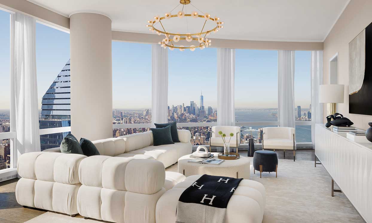 Living room with spectacular Hudson River views