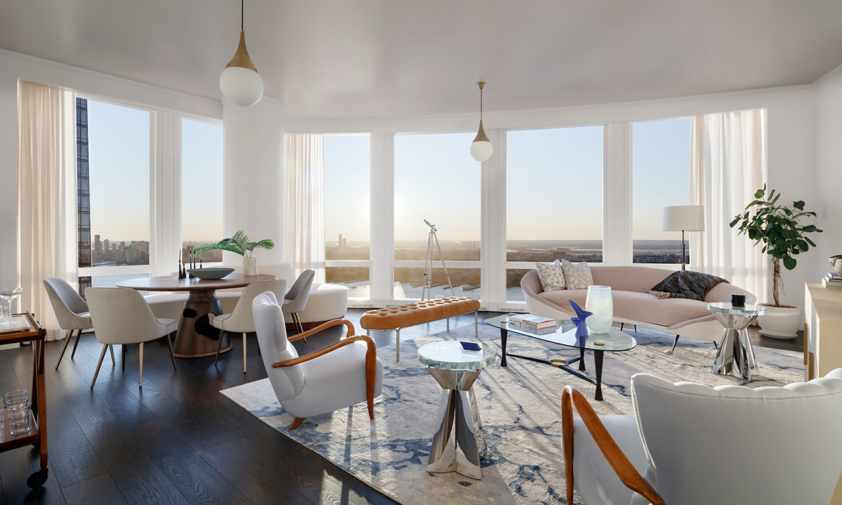 Living room with spectacular Hudson River views