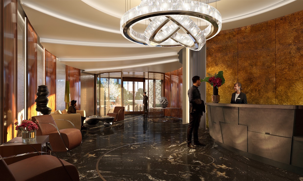 Private residential lobby opens onto the Public Square and Gardens