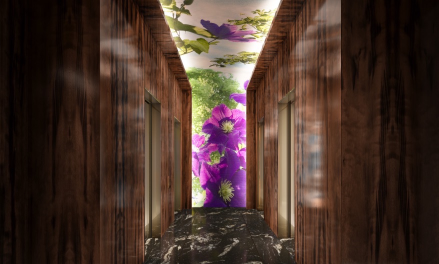 Elevator lobby featuring tapestry, Flowers